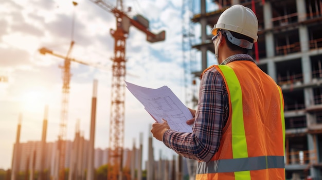 Construction worker in highvisibility clothing with hard hat at building site AIG41