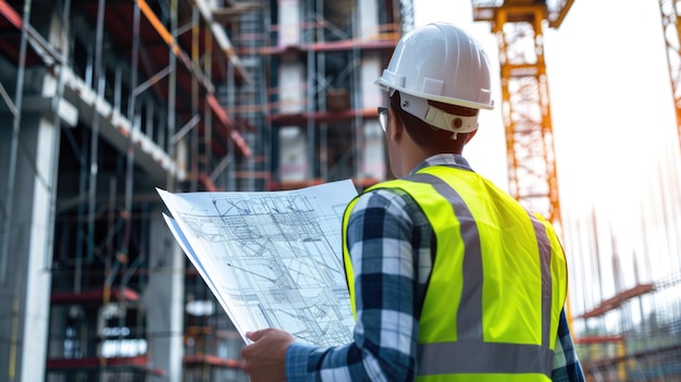 Construction worker in highvisibility clothing with hard hat at building site aig