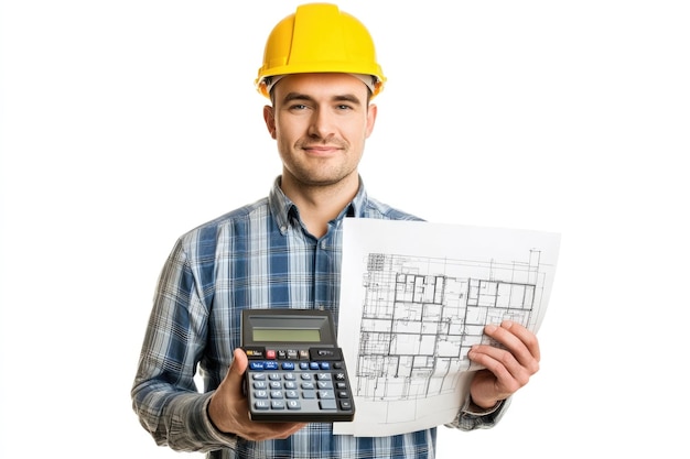 Construction Worker Holding Blueprint and Calculator