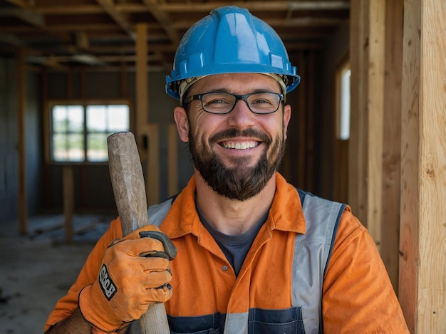 Photo construction worker holding a hammer with a smile