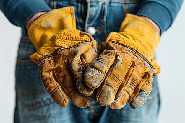 Photo construction worker holding protective gloves on isolated white background