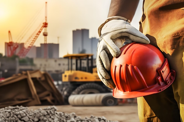 Construction worker holding a safety helmet Neural network AI generated