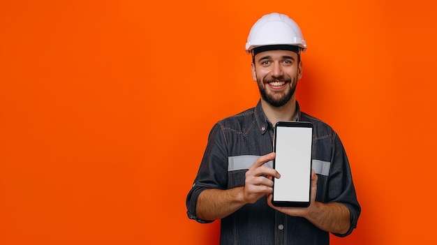 Construction Worker Holding Smartphone with Blank Screen Mockup