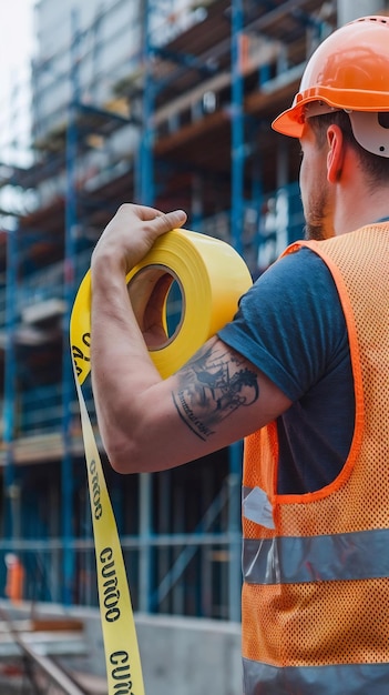 Construction worker holding tape