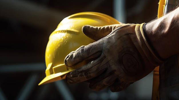 Construction worker holding yellow safety helmetwork safety Worker with tools on top construction background