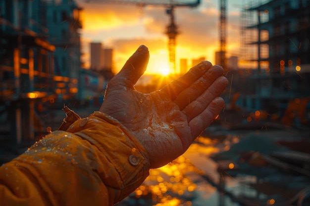 Construction worker holds his dirty hand out to the sun