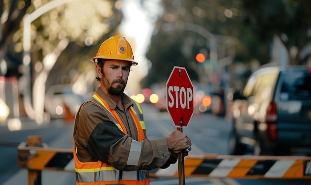 a construction worker holds a stop sign in front of a construction zone