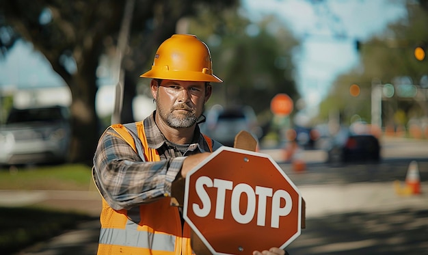 a construction worker holds a stop sign in his hand