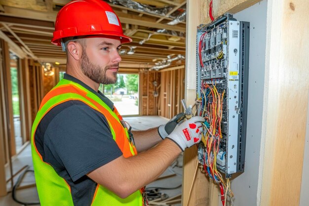 Photo construction worker inspecting electrical panel on site