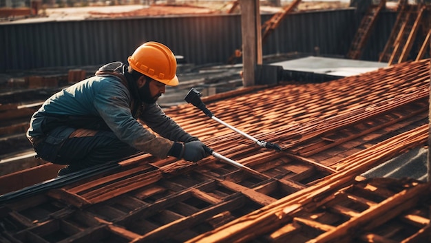 Construction worker install new roof Roofing tools Electric drill used on new roofs with metal she