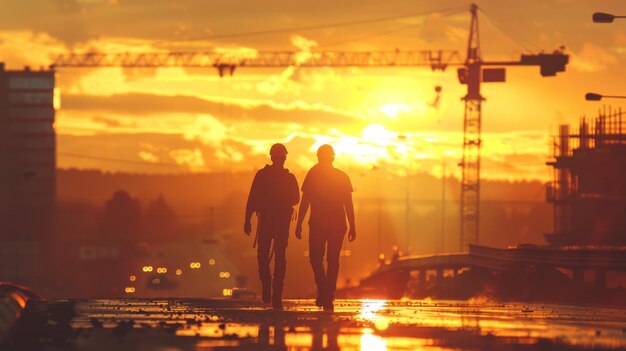 Photo construction worker installer at sunset