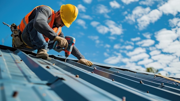 Construction worker installing new roof