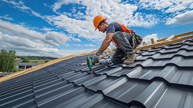 Construction worker installing new roof