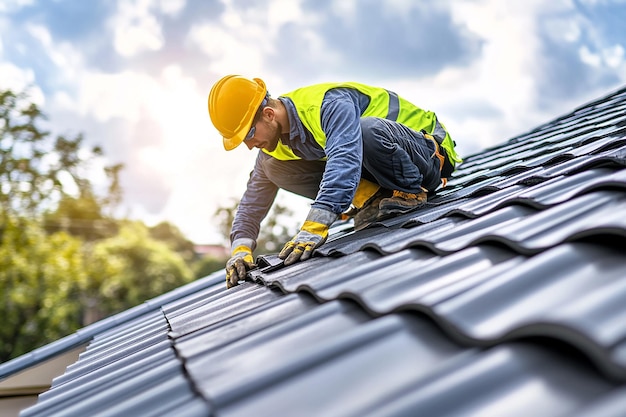 Construction Worker Installing Roof Tiles