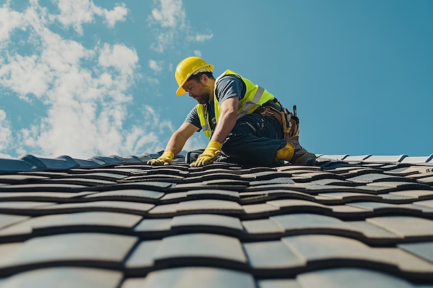 Construction Worker Installing Roof Tiles