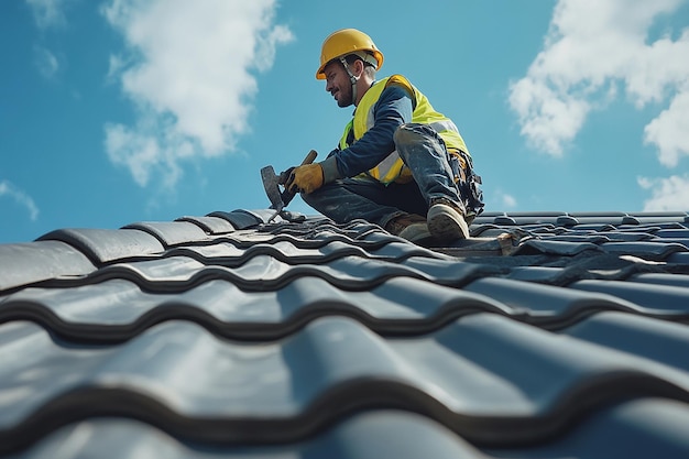 Construction Worker Installing Roof Tiles