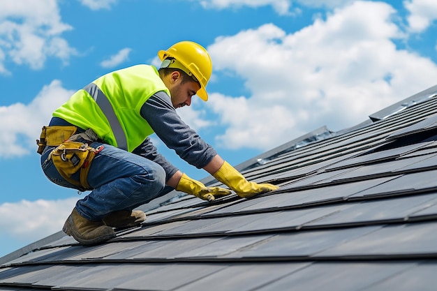 Construction Worker Installing Roof Tiles