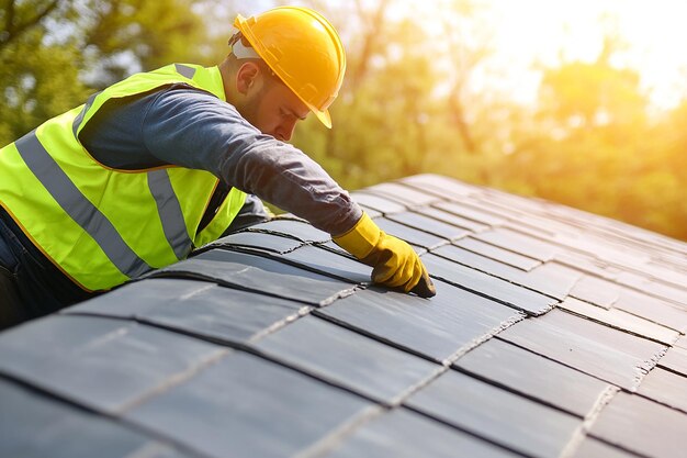 Construction Worker Installing Roof Tiles