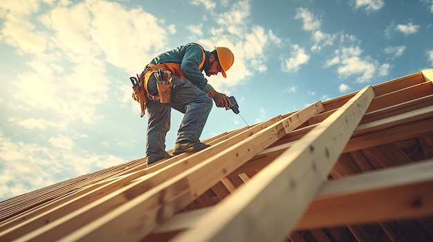 Photo construction worker installing roof tiles