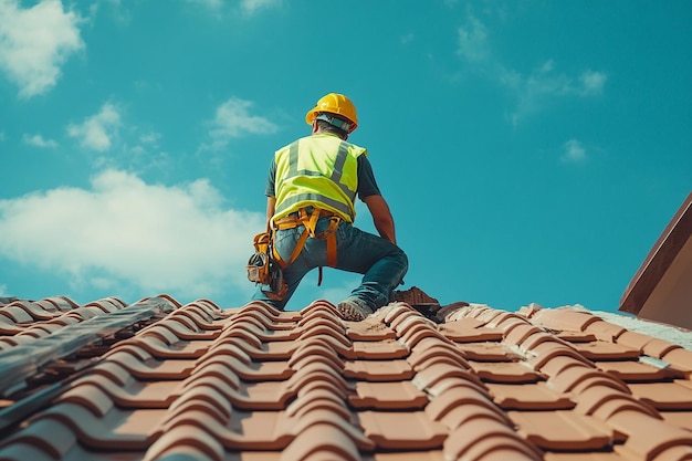 Construction Worker Installing Roof Tiles