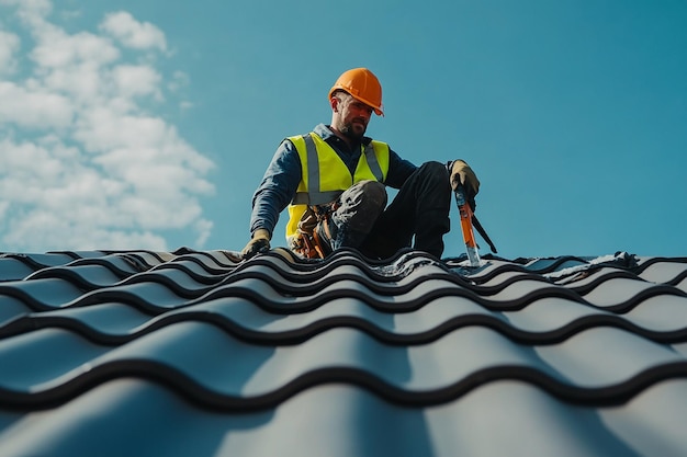 Construction Worker Installing Roof Tiles