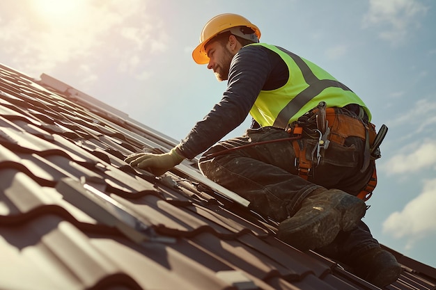 Construction Worker Installing Roof Tiles