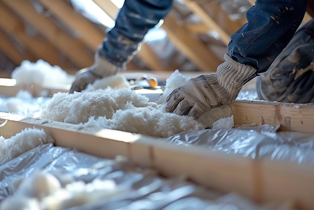 Photo construction worker installing roofing insulation