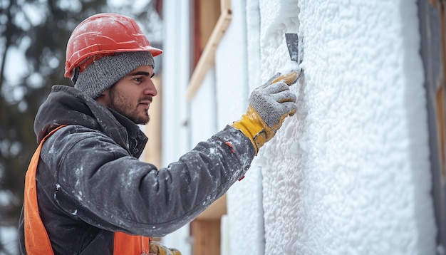 Photo construction worker installing styrofoam insulation sheets for enhanced thermal protection in home