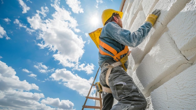 Construction worker installing styrofoam insulation sheets for thermal protection