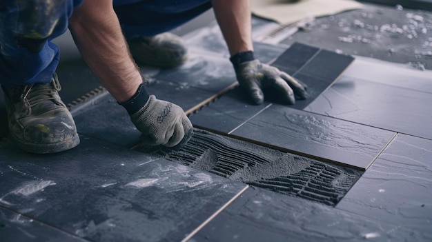 Construction Worker Installing Tiles