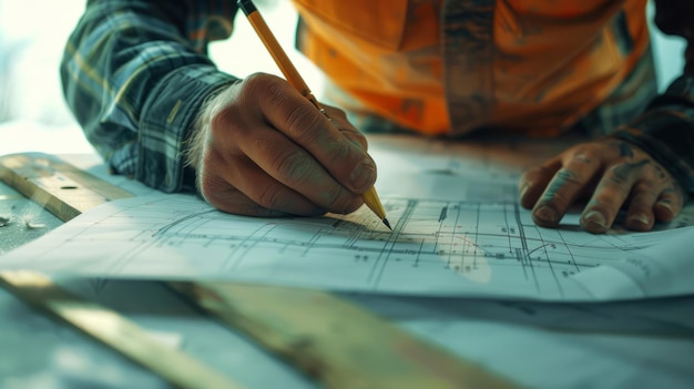 A construction worker is carefully reviewing blueprints on a work site highlighting planning and precision in building