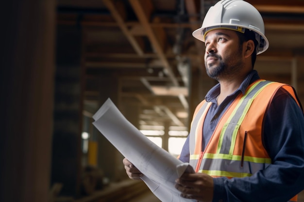 A construction worker is checking the blueprint