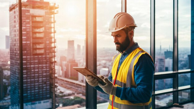 a construction worker is looking at a tablet in front of a window