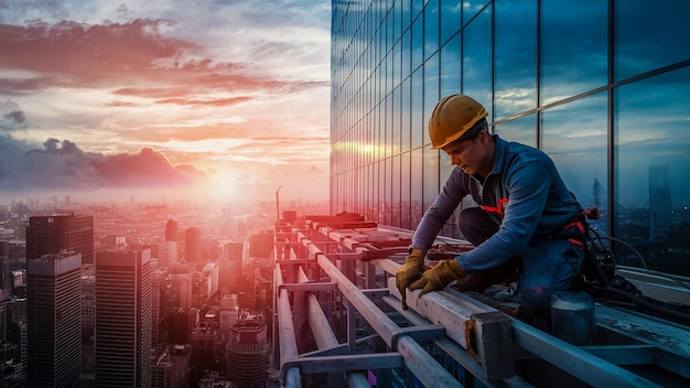 a construction worker is on a skyscraper overlooking a city