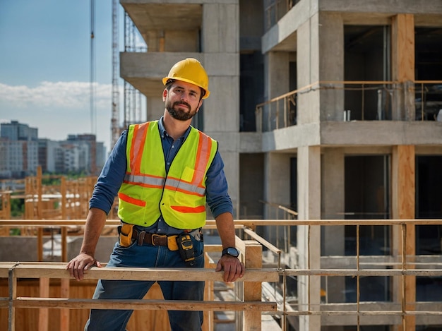 Photo a construction worker is standing on a construction site