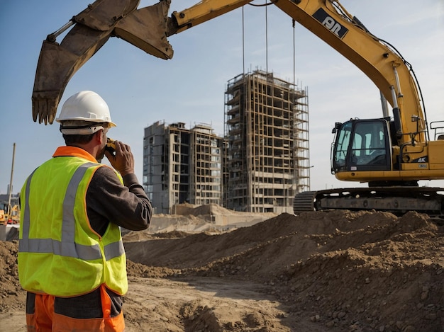 a construction worker is taking a picture of a bulldozer