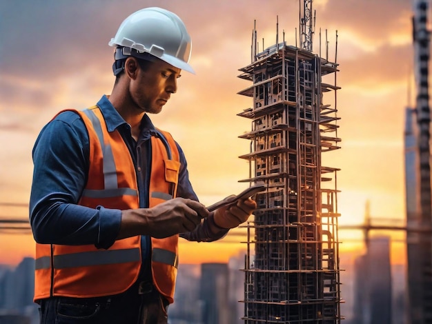 a construction worker is using a cell phone in front of a building under construction