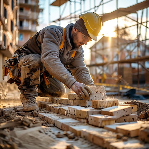 a construction worker is working on a brick wall