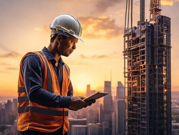 a construction worker is working on a building in the city