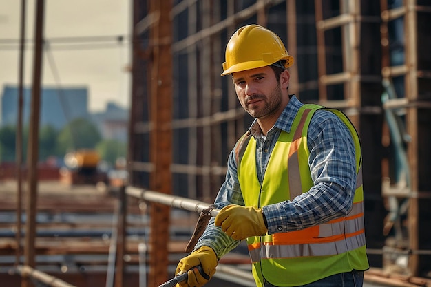 Photo a construction worker is working on a construction site