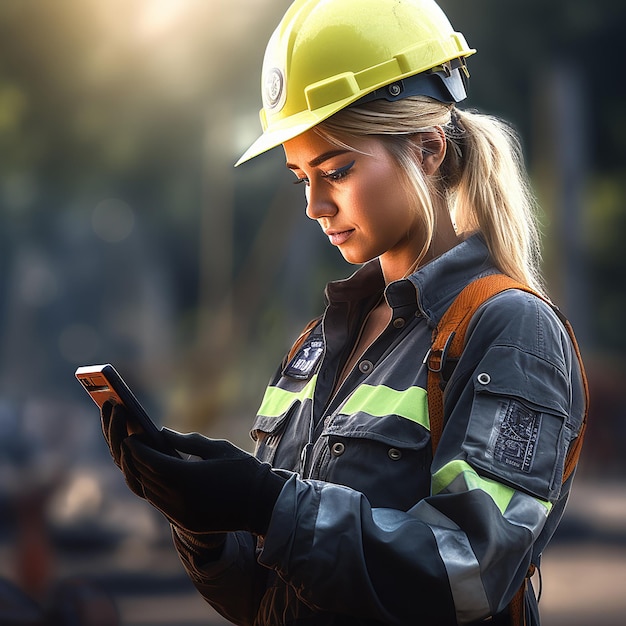 Photo construction worker lady using smartphone