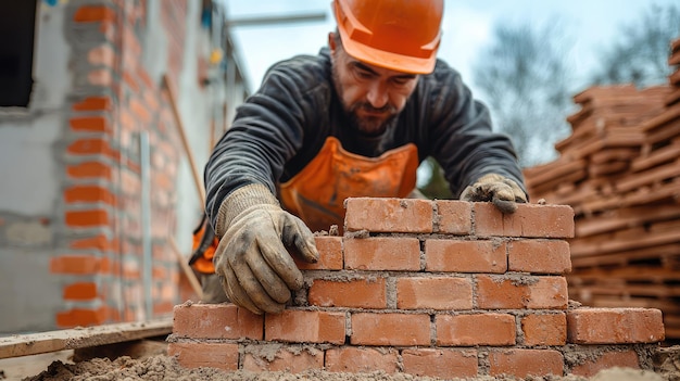 A construction worker laying bricks on residential house focused and skilled