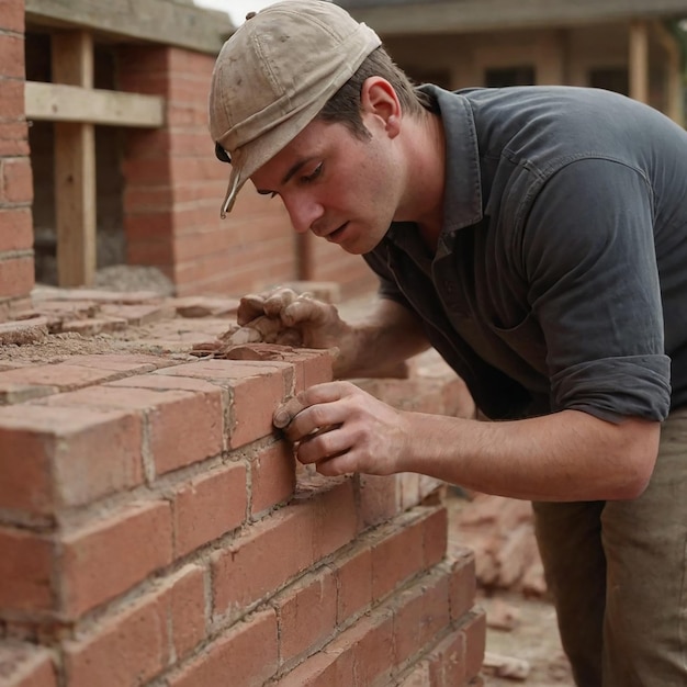 Photo construction worker laying bricks showing trowel and guideline