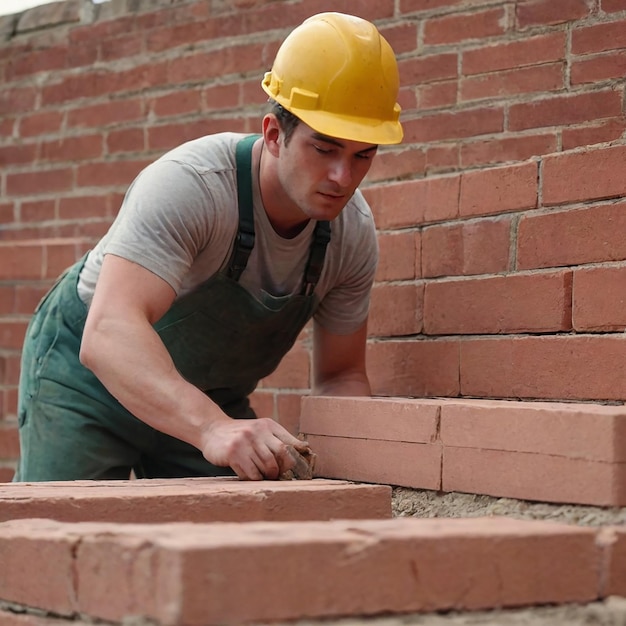 Construction worker laying bricks showing trowel and guideline