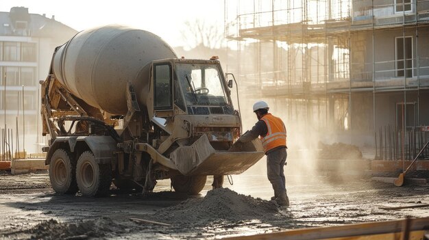 Photo construction worker loading concrete from a cement mixer