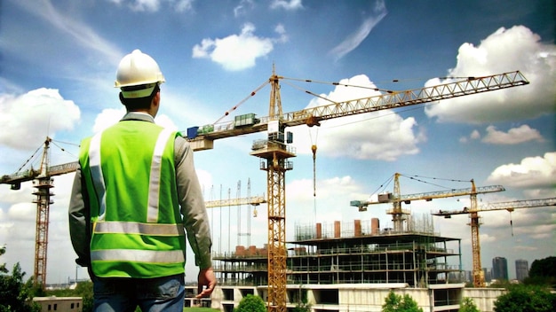 Construction worker looking at a building under construction