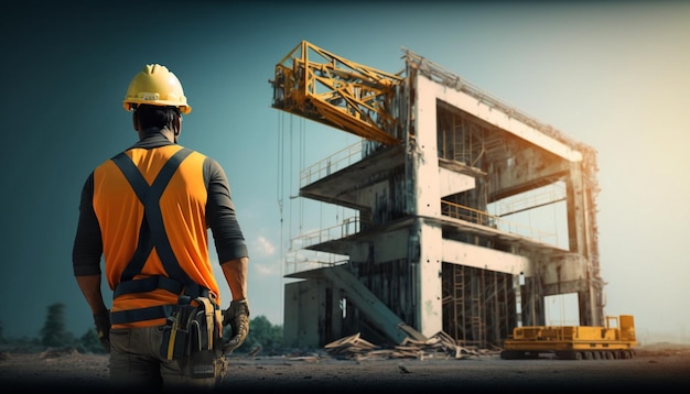 Construction worker looking at a building with a crane in the background