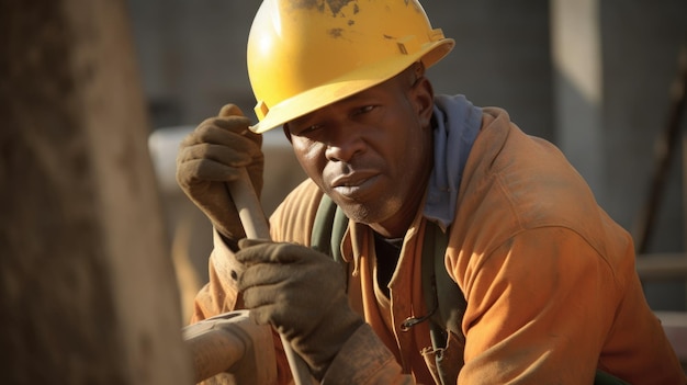 Construction Worker Male AfricanAmerican Mature Using a jackhammer on a construction site in Outdoor construction site Generative AI AIG22