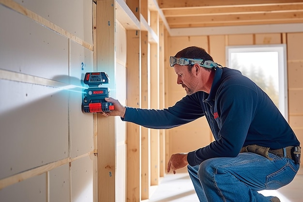 The construction worker Measures horizon level with a laser level Construction of in Generative AI