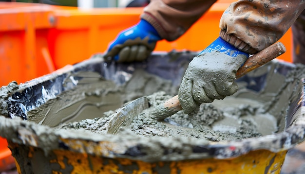 Photo construction worker mixing concrete